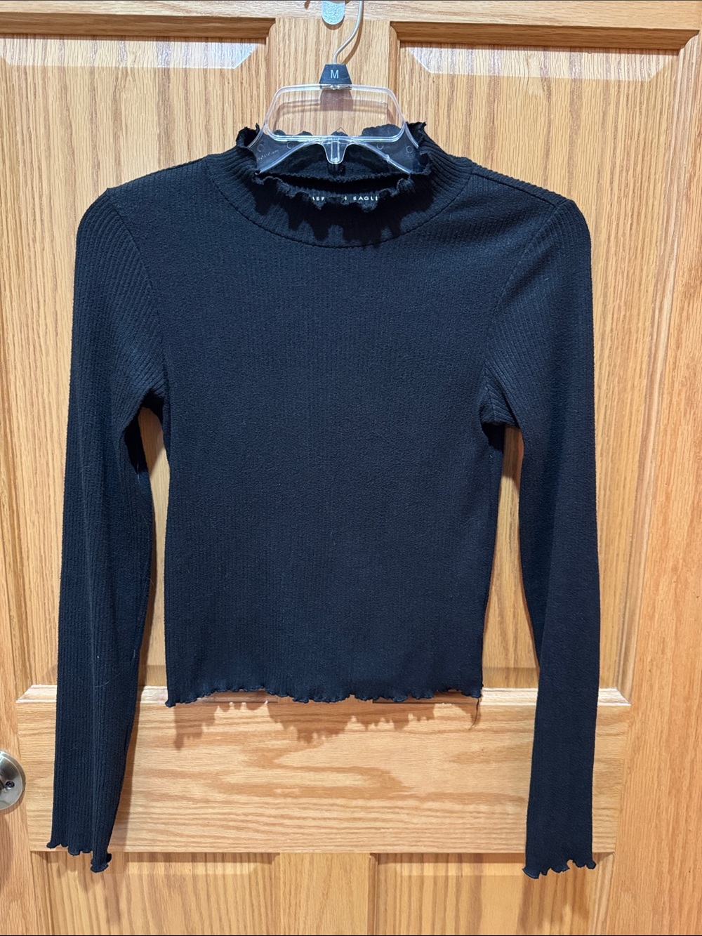 American Eagle Ribbed Mock Neck Long-Sleeve Top in Black